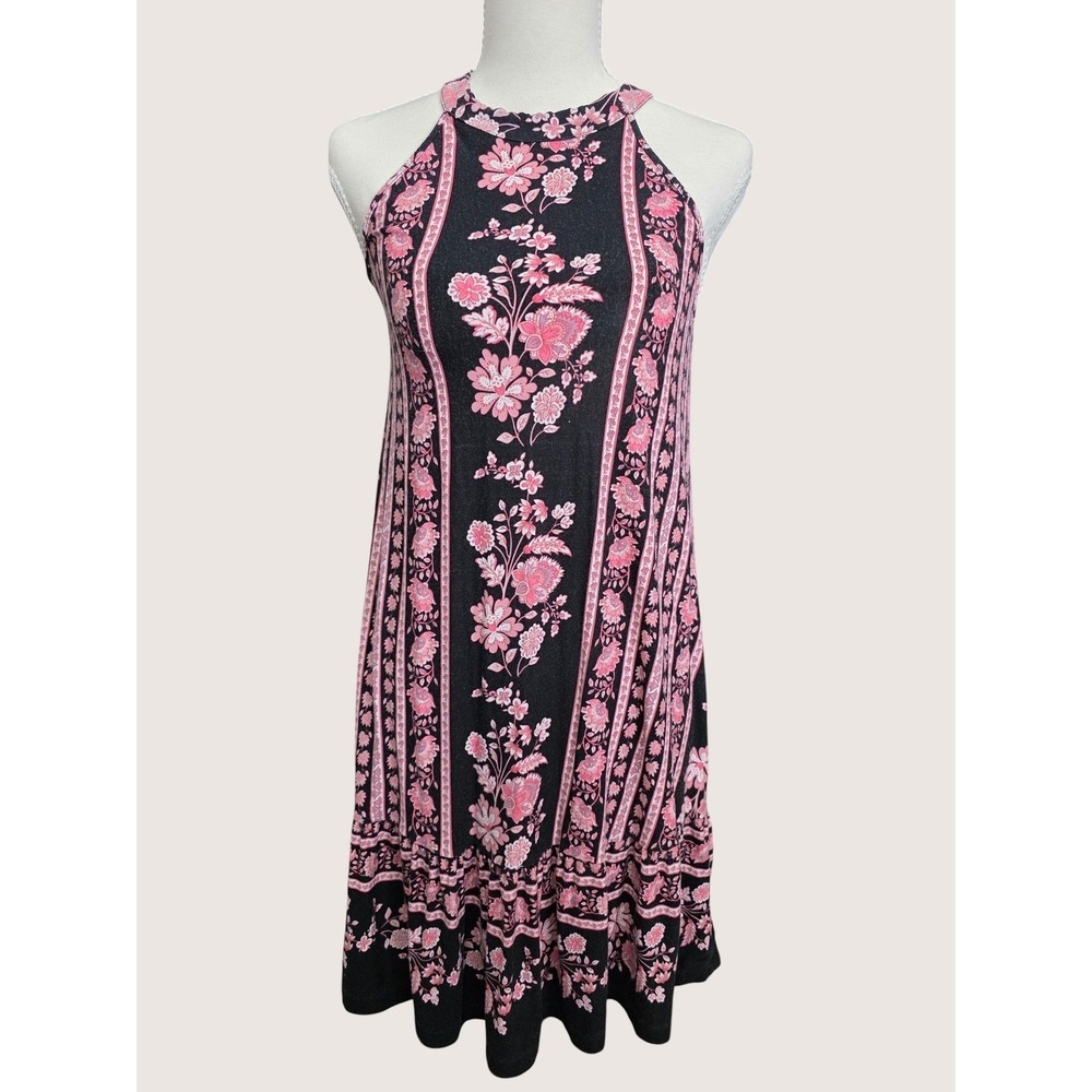 LOFT Dress Women XS Black Pink Floral Sleeveless Mini Summer‎ Elegance Halter